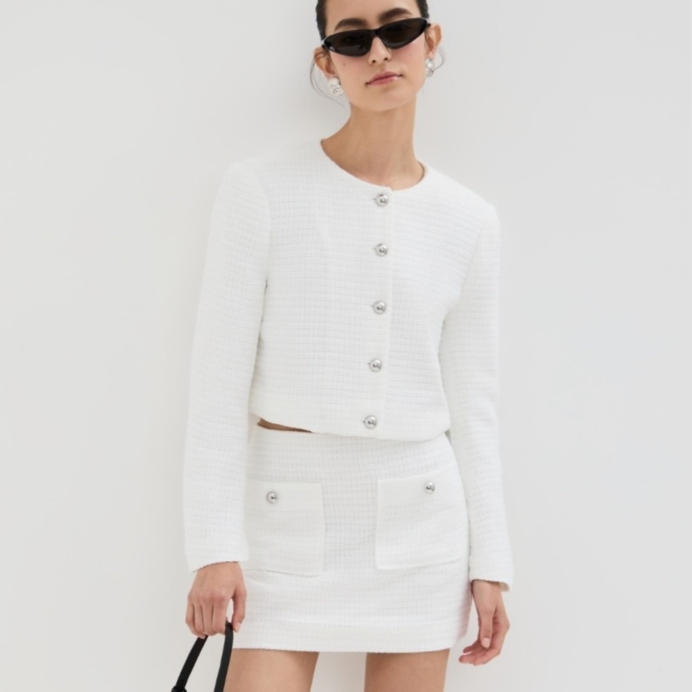 Reformation Trista Knit Tweed Crewneck Button Crop Cardigan Suit Jacket White